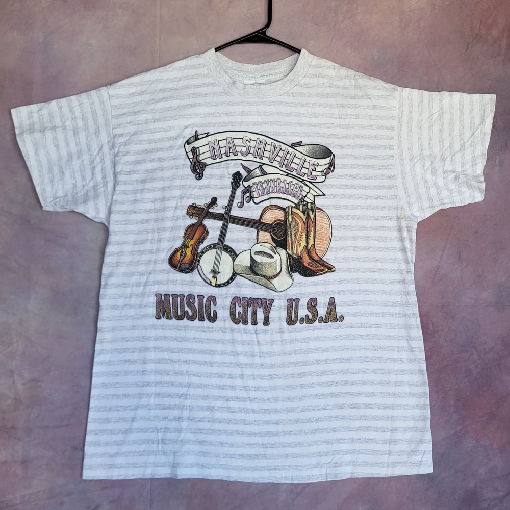 Vintage Nashville Music City USA T-Shirt Mens Large Gray Striped Single Stitch